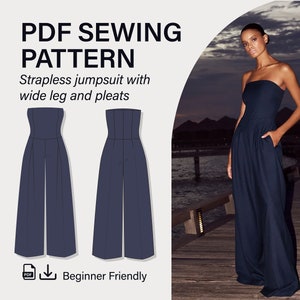 Peut inclure: Patron de couture PDF pour une combinaison sans bretelles avec des jambes larges et des plis. Le patron est facile à réaliser et comprend un téléchargement numérique.