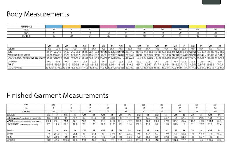 May include: A chart with body measurements in inches and centimeters for different sizes, ranging from XS to 5XL. The chart also includes finished garment measurements in inches and centimeters for different sizes, ranging from XS to 5XL.