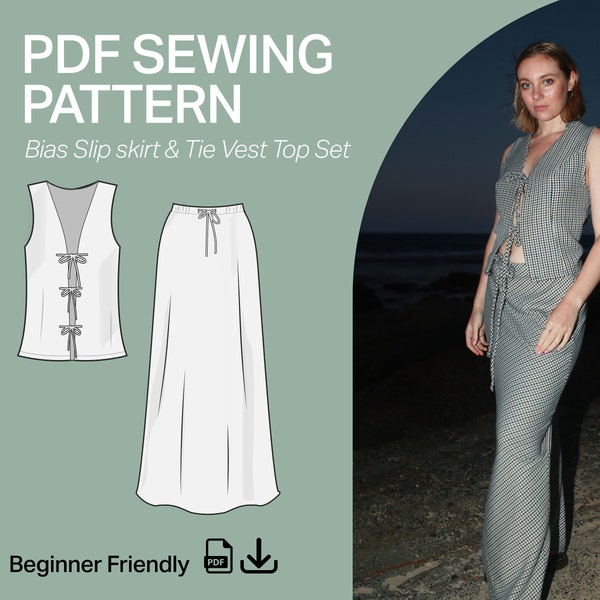 Vest Style Tie Front Top and Skirt Set | Digital Sewing Pattern | Instant Download | Front Tie Blouse | Size XS-XXL | Beginner Friendly