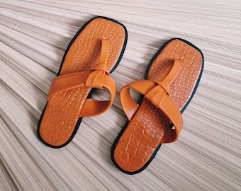 Orange sandals womens summer thong sandals orange faux leather slides hand made