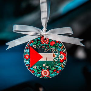 Palestinian Flag Car Ornament: Floral Ceramic Charm