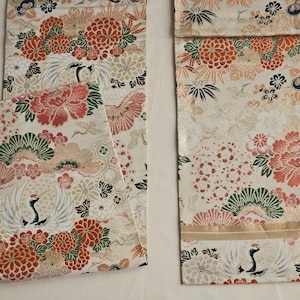 Antique Japanese Silk Brocade Maru Flying Cranes Obi