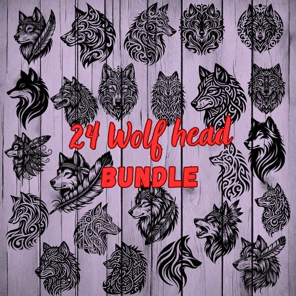 Wolf black and white image - 24 Bundle  • Download for laser engraving or print • Svg, png, dxf files • Mug, tshirts, bag or keychein design