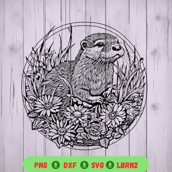Sweet Otter with Flowers • Digital download for laser engraving or printing • Svg, png and dxf files • Mug, tshirts, bag or keychein design