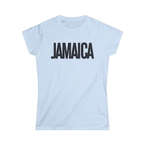 Baby Blue T-Shirt Bold Jamaica lettering in black. Highlighting the Caribbean and Jamaican vibes for women