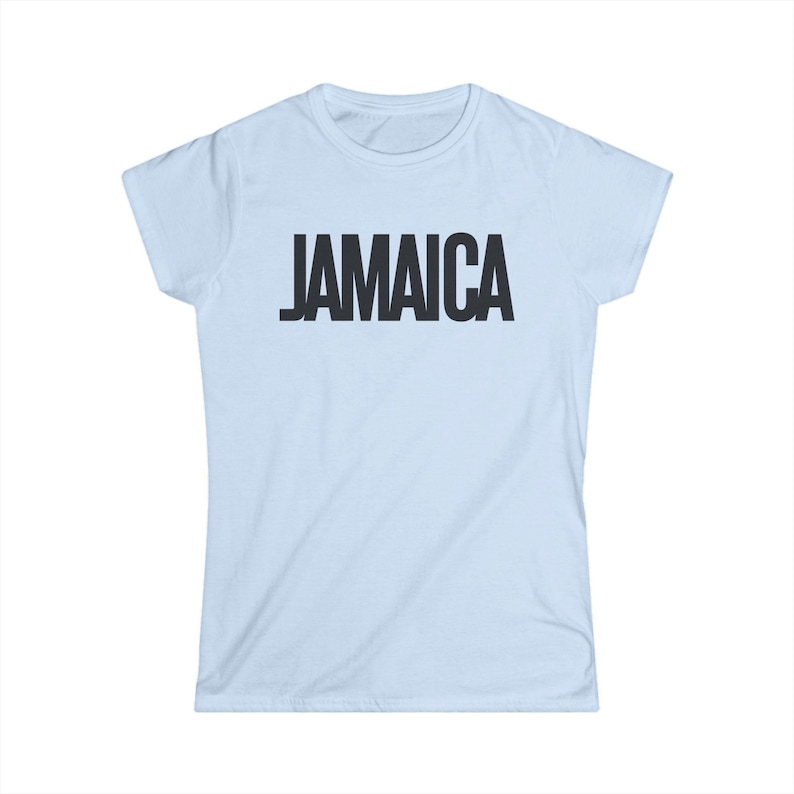 Baby Blue T-Shirt Bold Jamaica lettering in black. Highlighting the Caribbean and Jamaican vibes for women