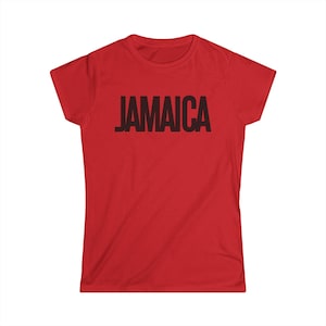 Red T-Shirt Bold Jamaica lettering in black. Highlighting the Caribbean and Jamaican vibes for women