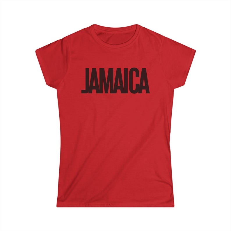 Red T-Shirt Bold Jamaica lettering in black. Highlighting the Caribbean and Jamaican vibes for women