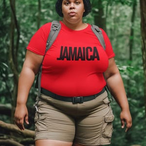 Red T-Shirt Bold Jamaica lettering in black. Highlighting the Caribbean and Jamaican vibes for women