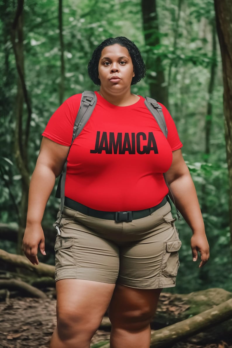 Red T-Shirt Bold Jamaica lettering in black. Highlighting the Caribbean and Jamaican vibes for women