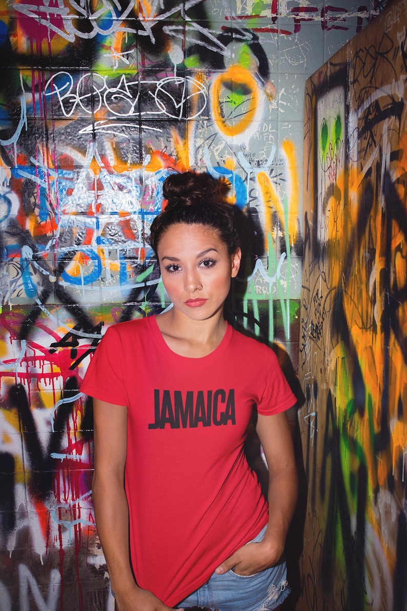 Red T-Shirt Bold Jamaica lettering in black. Highlighting the Caribbean and Jamaican vibes for women