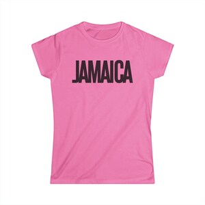 Pink T-Shirt Bold Jamaica lettering in black. Highlighting the Caribbean and Jamaican vibes for women