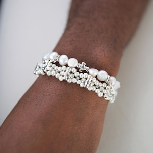 Multi-Bead Cross Bracelet - White/Silver
