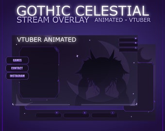 Gothic vtuber stream overlay, Vtuber overlay celestial, Celestial Vtuber pack, Animated overlay for vtuber, Vtuber chatting overlay