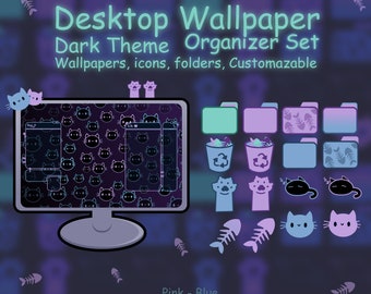 Kitty Computer Desktop Theme Background Wallpaper Organizer Set, organiseur de papier peint à thème sombre, ensemble de papier peint, papier peint de téléphone sombre