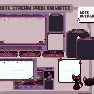 Puede incluir: Paquete de transmisión animado con un esquema de color morado y negro que presenta gatos lindos y una superposición Lofi. El paquete incluye un cuadro de chat, un botón de donación, un botón de programación, un botón de suscripción y un área transparente para una cámara web.