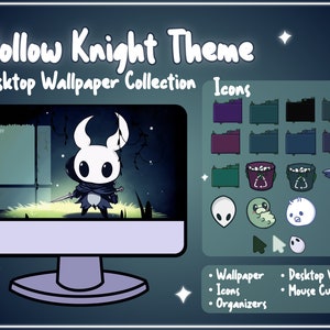 Puede incluir: Una ilustración digital de un tema de Hollow Knight para una computadora de escritorio. La imagen muestra un monitor de computadora con un fondo de pantalla que presenta al personaje de Hollow Knight. La imagen también incluye iconos y cursores del ratón.