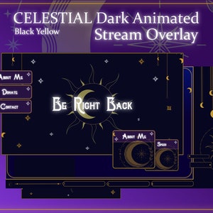 SIMPLE Dark STREAM OVERLAY Celestial, Dark overlay pack, Celestial Animated Overlay, Stream overlay pack, Black and gold Overlay