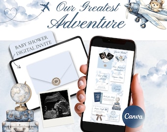 May include: A digital baby shower invitation template featuring a travel theme with a watercolor airplane, a teddy bear pilot, a globe, and stacked vintage suitcases. The design includes text reading Our Greatest Adventure and baby shower details.