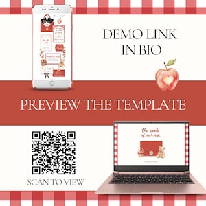 May include: A digital invitation template displayed on a smartphone and a laptop, featuring a red gingham border, a watercolour apple, and a teddy bear. The text reads DEMO LINK IN BIO, PREVIEW THE TEMPLATE, and SCAN TO VIEW with a QR code.