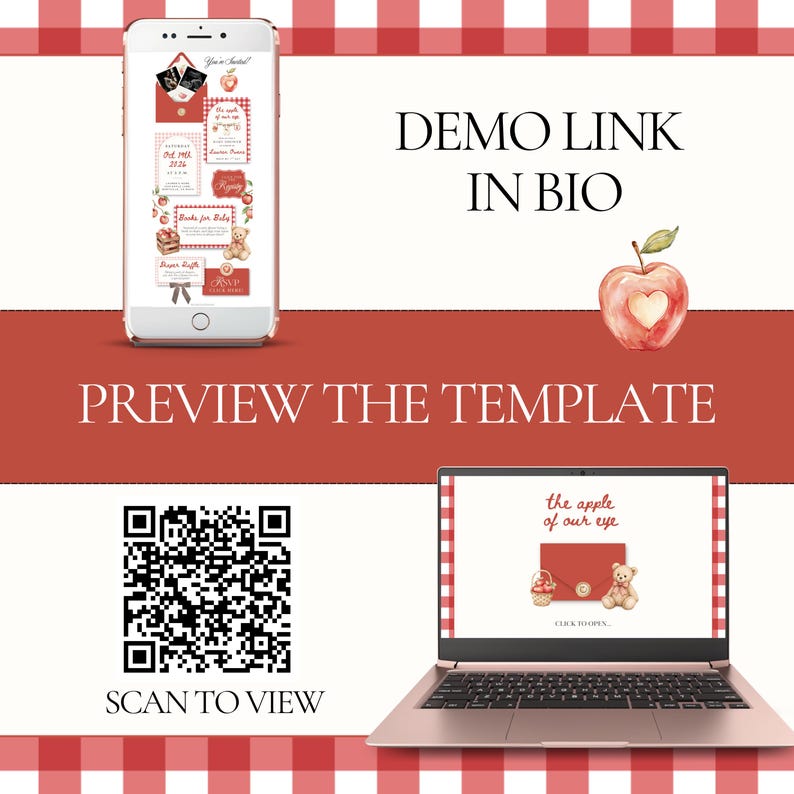 May include: A digital invitation template displayed on a smartphone and a laptop, featuring a red gingham border, a watercolour apple, and a teddy bear. The text reads DEMO LINK IN BIO, PREVIEW THE TEMPLATE, and SCAN TO VIEW with a QR code.