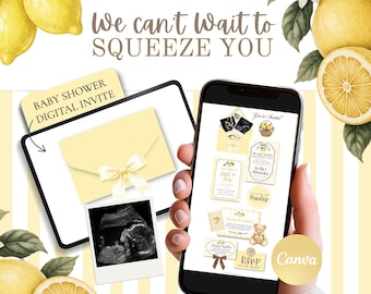 We Can’t Wait to Squeeze You Invitation Template Canva, Lemon Baby Shower Invite, Gender Neutral Citrus Baby Shower Digital Invite
