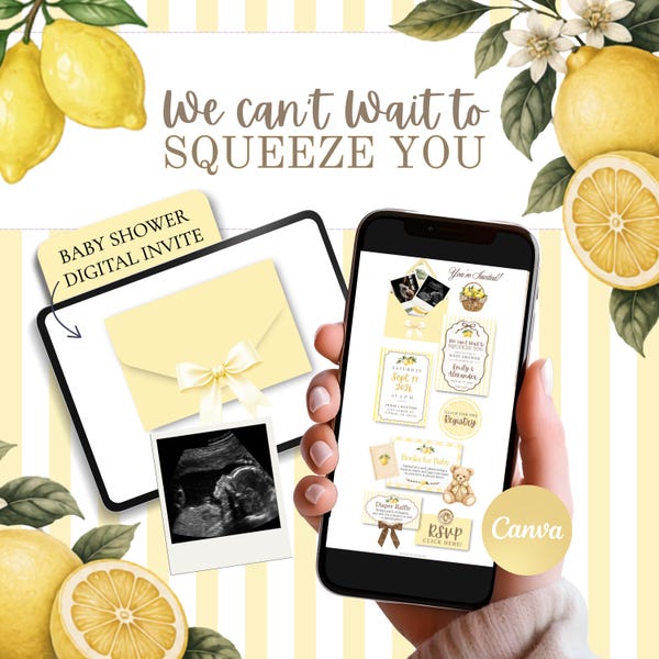 Vi längtar efter att få klämma dig inbjudningsmall Canva, citron babyshowerinbjudan, könsneutral citrus babyshower digital inbjudan