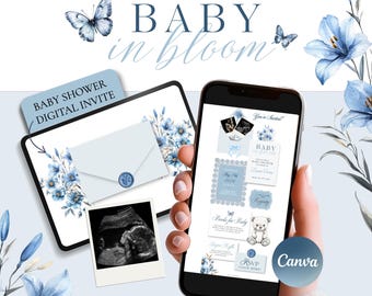 Invitación "Blue Baby in Bloom", plantilla de invitación digital de Canva, sitio web para baby shower de niño con confirmación de asistencia.