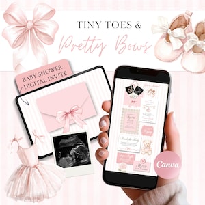 Könnte beinhalten: Eine digitale Babyparty-Einladungsvorlage auf einem Smartphone- und Tablet-Bildschirm mit rosa Schleifen, Babyschuhen, einem Tutu und Ultraschallbildern. Der Text lautet Tiny Toes & Pretty Bows, Baby Shower Digital Invite und Canva.