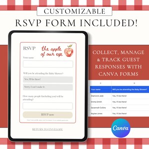 May include: A digital RSVP form template for a baby shower featuring the text "the apple of our eye" and a watercolour apple illustration. The form includes fields for name, attendance status, and guest count, alongside a spreadsheet view for tracking.
