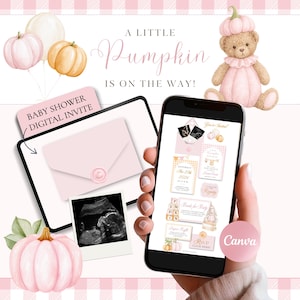 Pode incluir: Um modelo de convite digital para chá de bebê com um ursinho de pelúcia usando um chapéu de abóbora rosa, abóboras em tons pastel e balões. O design inclui o texto A LITTLE PUMPKIN IS ON THE WAY e BABY SHOWER DIGITAL INVITE num smartphone.