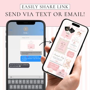 May include: Two smartphones displaying a digital baby shower invitation. The left screen shows a text message with a link, while the right screen displays a pink-themed invitation layout with a teddy bear, baby shoes, and RSVP details.