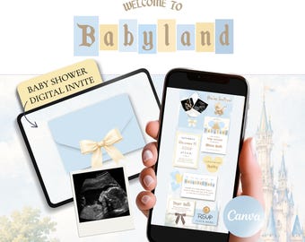 Blue Babyland Invitation Template Canva, Fairytale Baby Shower Invite, Yellow Prince Castle Digital Website with RSVP, Baby Land Invite