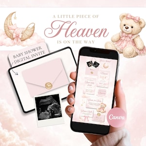 May include: A digital baby shower invitation template featuring a light pink color scheme, a crescent moon cradle, and a teddy bear. The display shows text reading A LITTLE PIECE OF HEAVEN IS ON THE WAY, BABY SHOWER DIGITAL INVITE, and Canva.