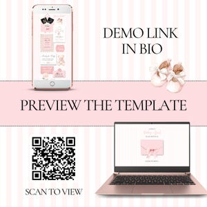 May include: A digital template preview featuring a smartphone and a laptop displaying baby shower invitation designs. The text reads DEMO LINK IN BIO, PREVIEW THE TEMPLATE, and SCAN TO VIEW. A QR code and a pair of light pink baby shoes are visible.