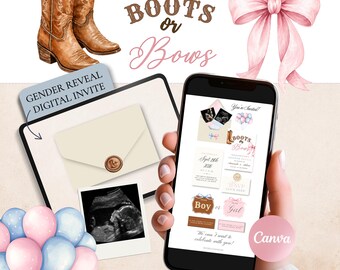 Boots or Bows Gender Reveal Invitation Template Canva, Western Digital Invite, Cowboy Cowgirl Baby Reveal Website Invitation with RSVP