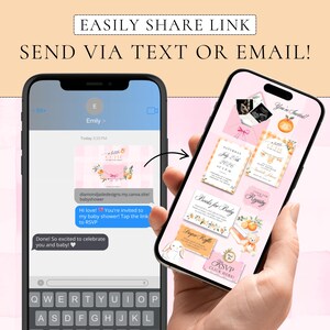 Puede incluir: Dos tel&eacute;fonos inteligentes que muestran dise&ntilde;os de invitaciones para baby shower. Un tel&eacute;fono muestra un mensaje de texto con un enlace para confirmar la asistencia. El otro muestra varias tarjetas de invitaci&oacute;n con detalles florales y naranjas. El texto incluye "RSVP", "Books for Baby" y detalles del evento.