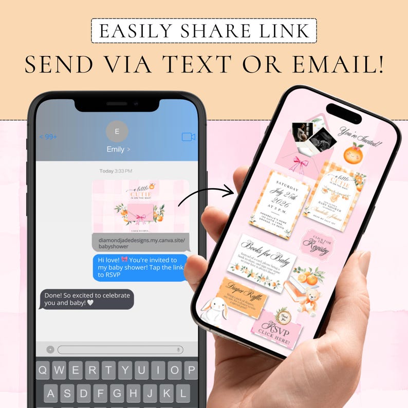 Puede incluir: Dos tel&eacute;fonos inteligentes que muestran dise&ntilde;os de invitaciones para baby shower. Un tel&eacute;fono muestra un mensaje de texto con un enlace para confirmar la asistencia. El otro muestra varias tarjetas de invitaci&oacute;n con detalles florales y naranjas. El texto incluye "RSVP", "Books for Baby" y detalles del evento.