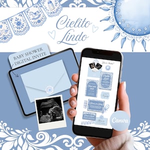 Può includere: Un design di invito digitale per baby shower nei toni del blu. Il design include un tablet, uno smartphone, un'immagine ecografica ed elementi decorativi. Il testo "Cielito Lindo" e "Baby Shower Digital Invite" sono visibili.