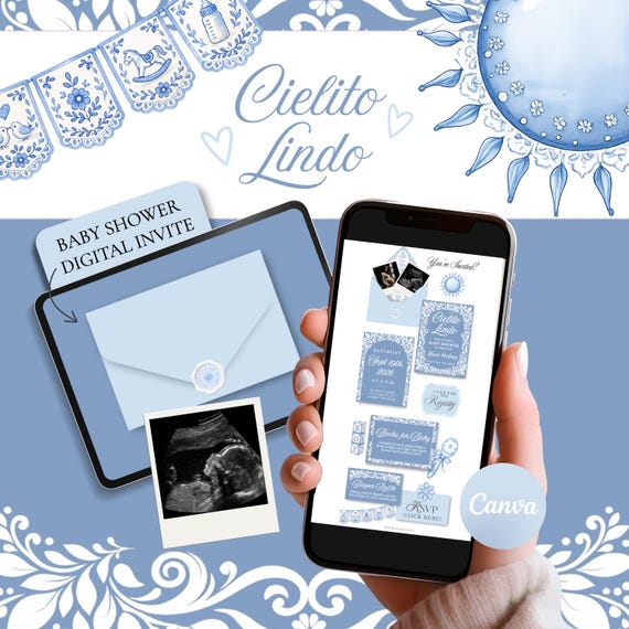 Blue Cielito Lindo Baby Shower Invitation Template Canva, Spanish Baby Boy Shower Digital Invite, Azul Fiesta Website Invitation with RSVP