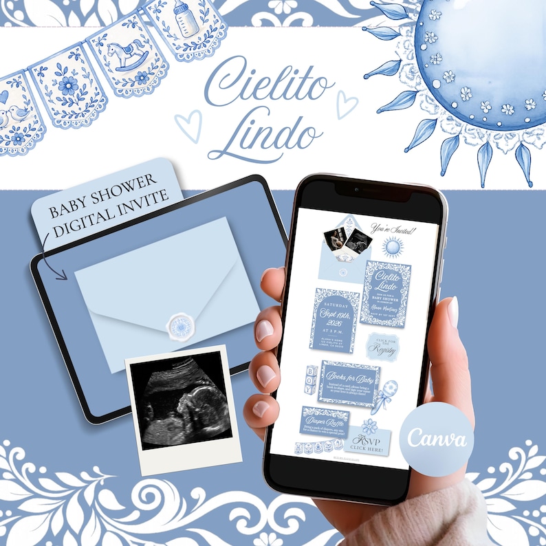 Mall för blå Cielito Lindo babyshowerinbjudan i Canva, digital inbjudan till spansk babyshower för pojkar, webbplatsinbjudan till Azul Fiesta med OSA bild 1