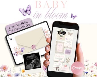 Invito per baby shower a tema fiori selvatici in fiore su Canva, invito digitale modificabile, sito web per baby shower con farfalle e fiori con conferma di partecipazione
