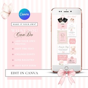Pink Bow Baby Shower Invitation, Coquette Baby Girl Website Invitation with RSVP, Digital Baby Girl Invite Canva Template image 2