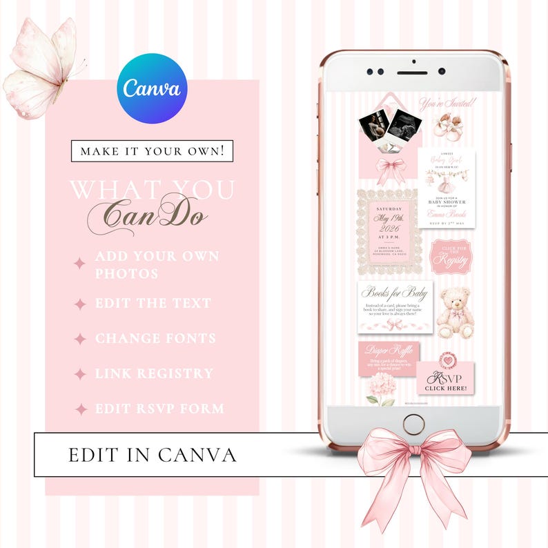Pink Bow Baby Shower Invitation, Coquette Baby Girl Website Invitation with RSVP, Digital Baby Girl Invite Canva Template image 2