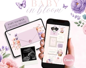 Pink Baby in Bloom Baby Shower Invitation Template Canva, Floral Butterfly Baby Girl Shower Digital Invite, Website Invitation with RSVP