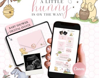 May include: A digital baby shower invitation template featuring Winnie the Pooh illustrations, a pink envelope with a wax seal, and ultrasound imagery. The text reads A LITTLE hunny IS ON THE WAY, BABY SHOWER DIGITAL INVITE, and Canva.