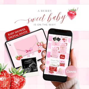 May include: Digital baby shower invitation design with a pink and strawberry theme. The design includes a tablet and smartphone displaying invitation details, ultrasound image, and the text "A Berry Sweet Baby Is On The Way!" and "Baby Shower Digital Invite."