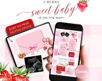 Plantilla de invitación para baby shower con temática de fresas en Canva, invitación digital para baby shower de niña con fresas, invitación editable para sitio web con confirmación de asistencia.