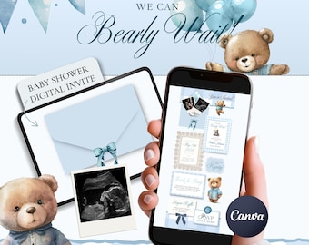 Bearly Wait Baby Shower Invitation Template Canva, Teddy Bear Baby Boy Shower Digital Invite, Blue Baby Shower Website Invitation with RSVP