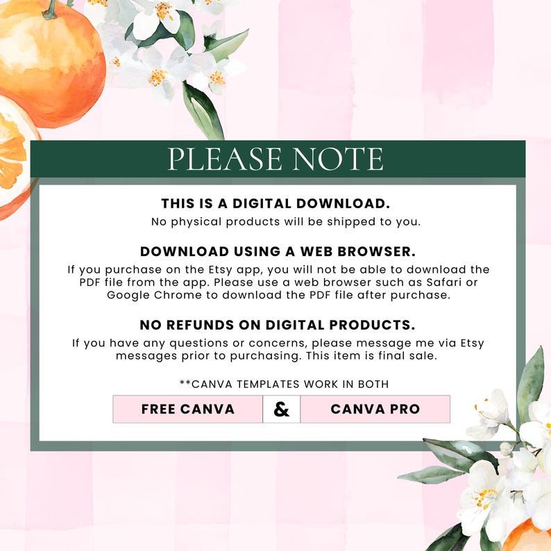 Puede incluir: Aviso de descarga digital sobre un fondo a cuadros rosa y blanco, con naranjas y flores de acuarela. El texto dice "TENGA EN CUENTA" y proporciona informaci&oacute;n sobre descargas digitales, incluidas las instrucciones de descarga.